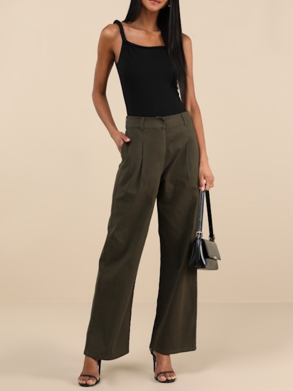 Lulus Charismatic Success Olive Pleated High-rise Wide-leg Pants Green - Size S